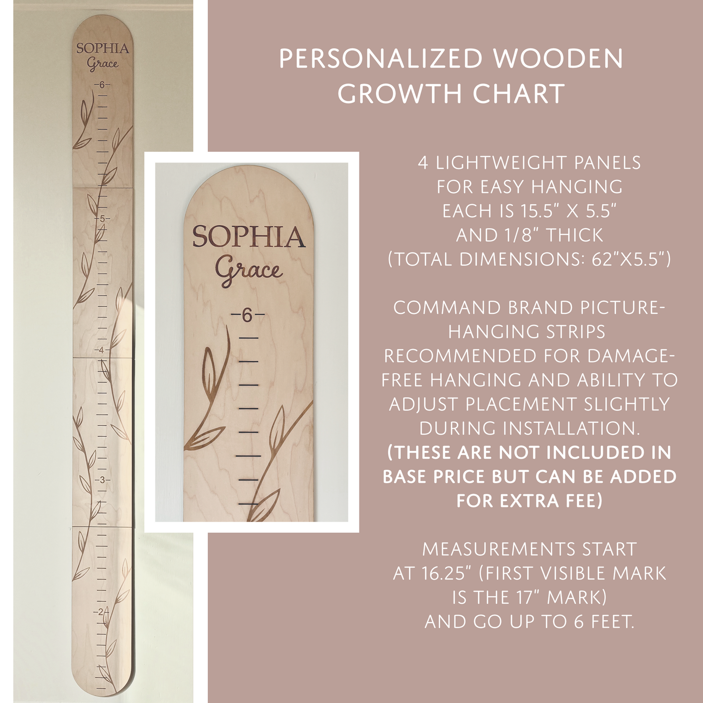 Personalized Wooden Growth Chart with Height Markers | Garden Vine with Flowers, Bees, Hummingbirds and Butterflies