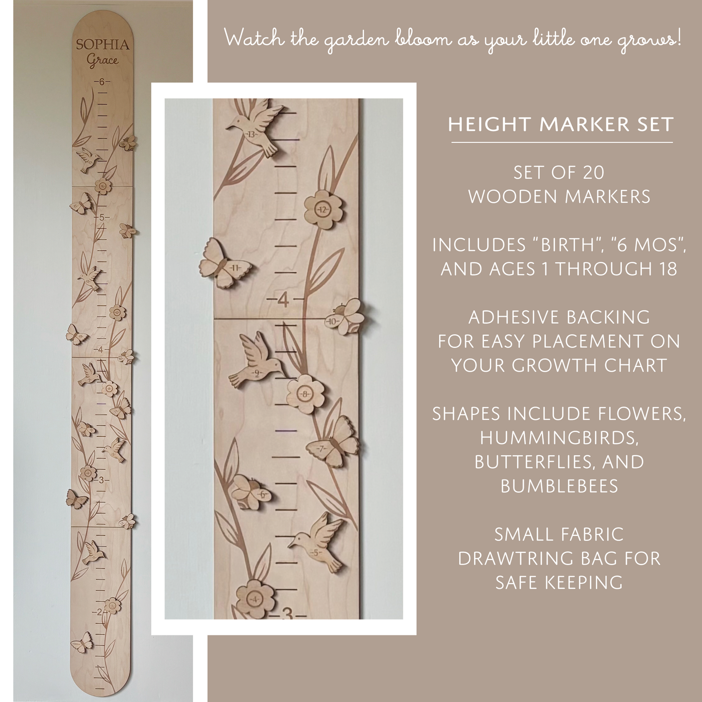 Personalized Wooden Growth Chart with Height Markers | Garden Vine with Flowers, Bees, Hummingbirds and Butterflies