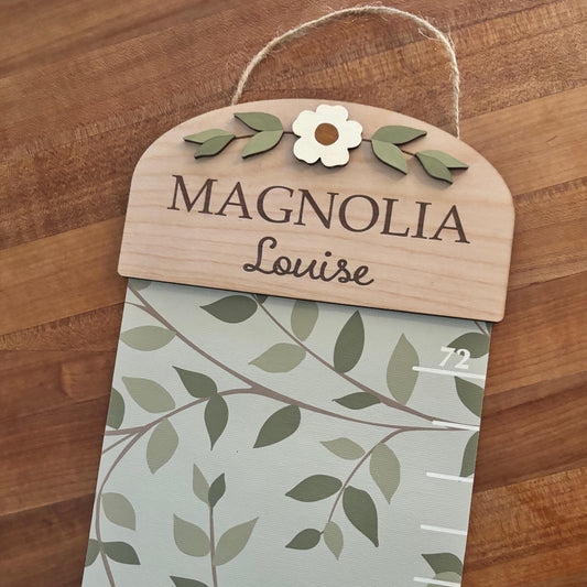 Personalized Growth Chart with Wood Floral Topper, Height Marker Stickers Included