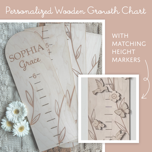 Personalized Wooden Growth Chart with Height Markers | Garden Vine with Flowers, Bees, Hummingbirds and Butterflies