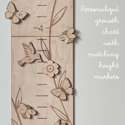 Personalized Wooden Growth Chart with Height Markers | Garden Vine with Flowers, Bees, Hummingbirds and Butterflies